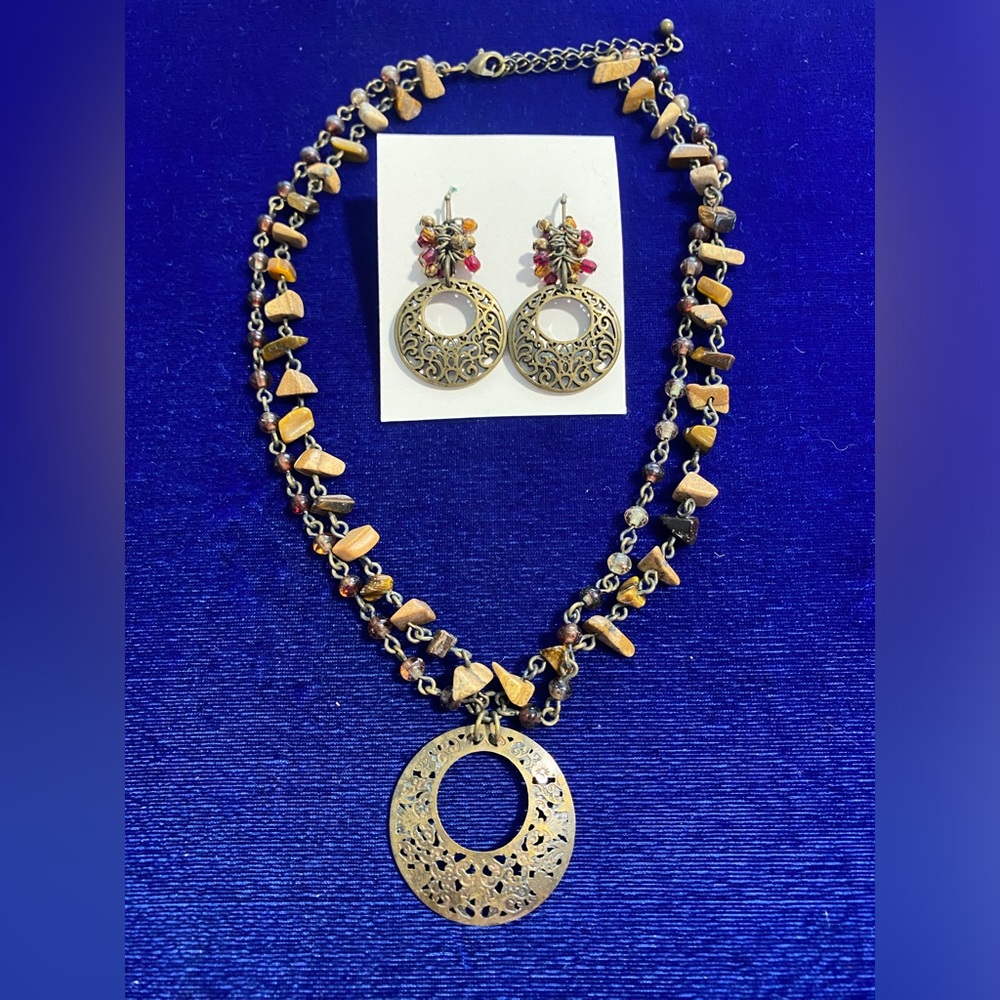 Vintage-Look Gold and Brown Necklace and Earring Set